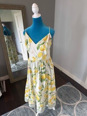 H&M Lemon Print Spaghetti Strap Midi Dress - White/Yellow